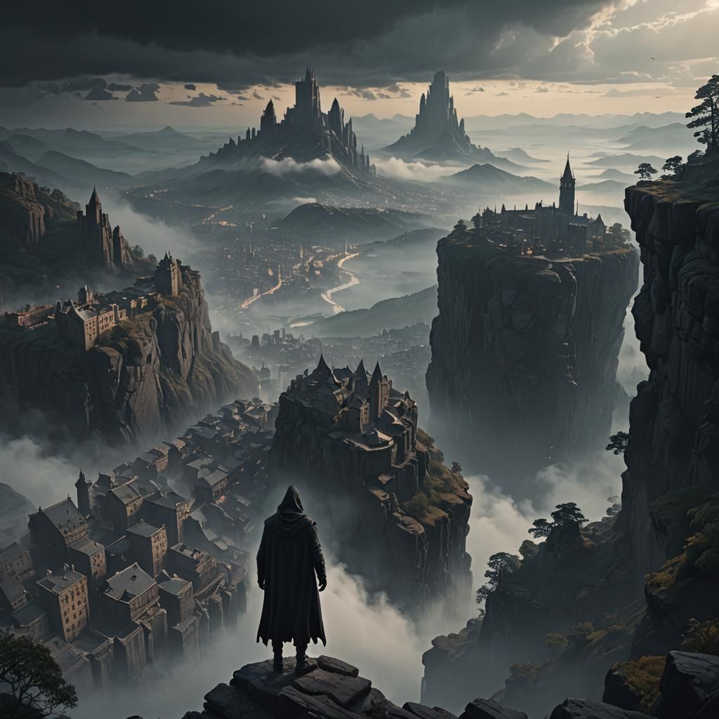 Mysterious Figure Gazing at Mist-Shrouded City