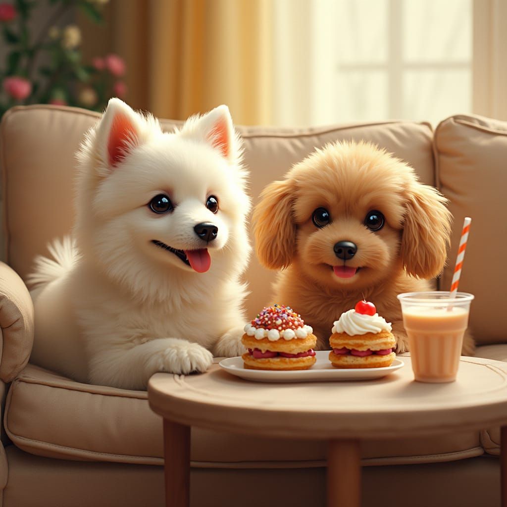 Whimsical Tea Party Scene with Adorable Dogs