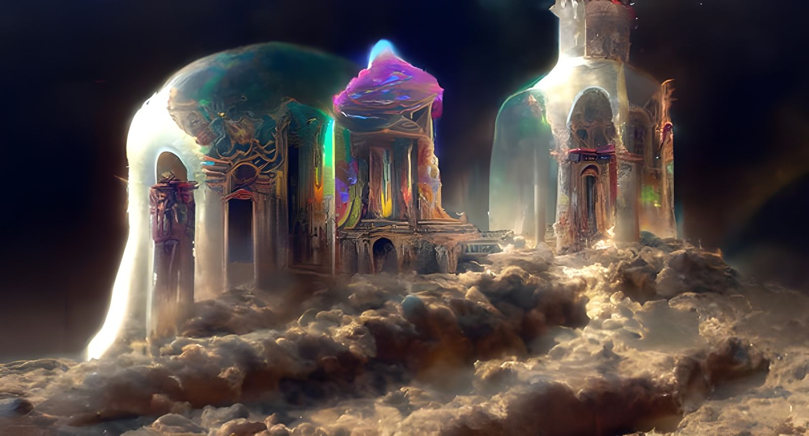 Iridescent Alien Temple in Biopunk Style