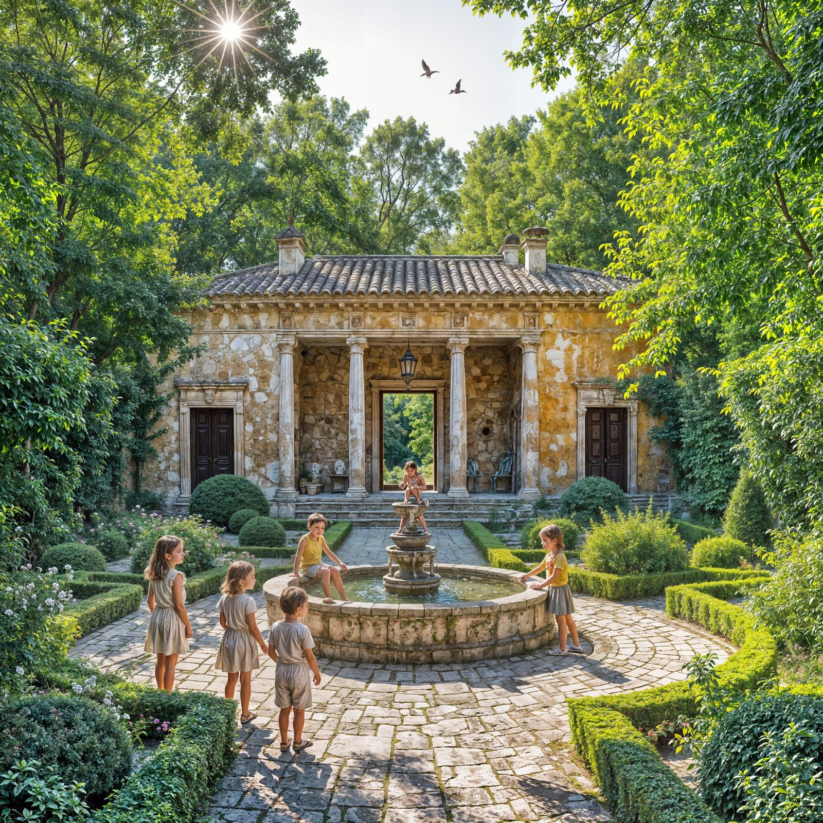 Domus Aurea in a Sunny Garden with Children and Birds
