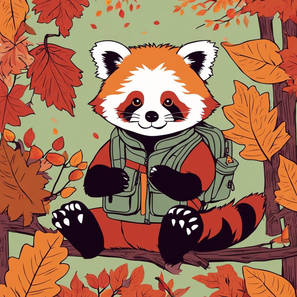Red Panda Explorer in Bamboo Jungle with Autumn Leaves