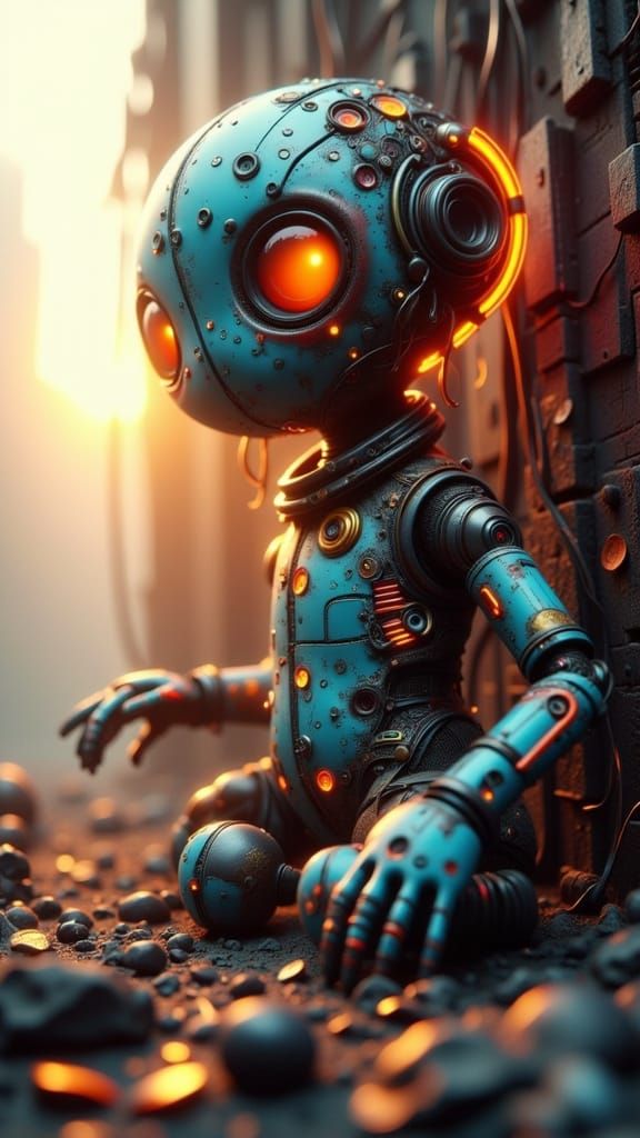 Cyborg Puppet Emerges from Ruins in Hyperrealistic Cinematic...