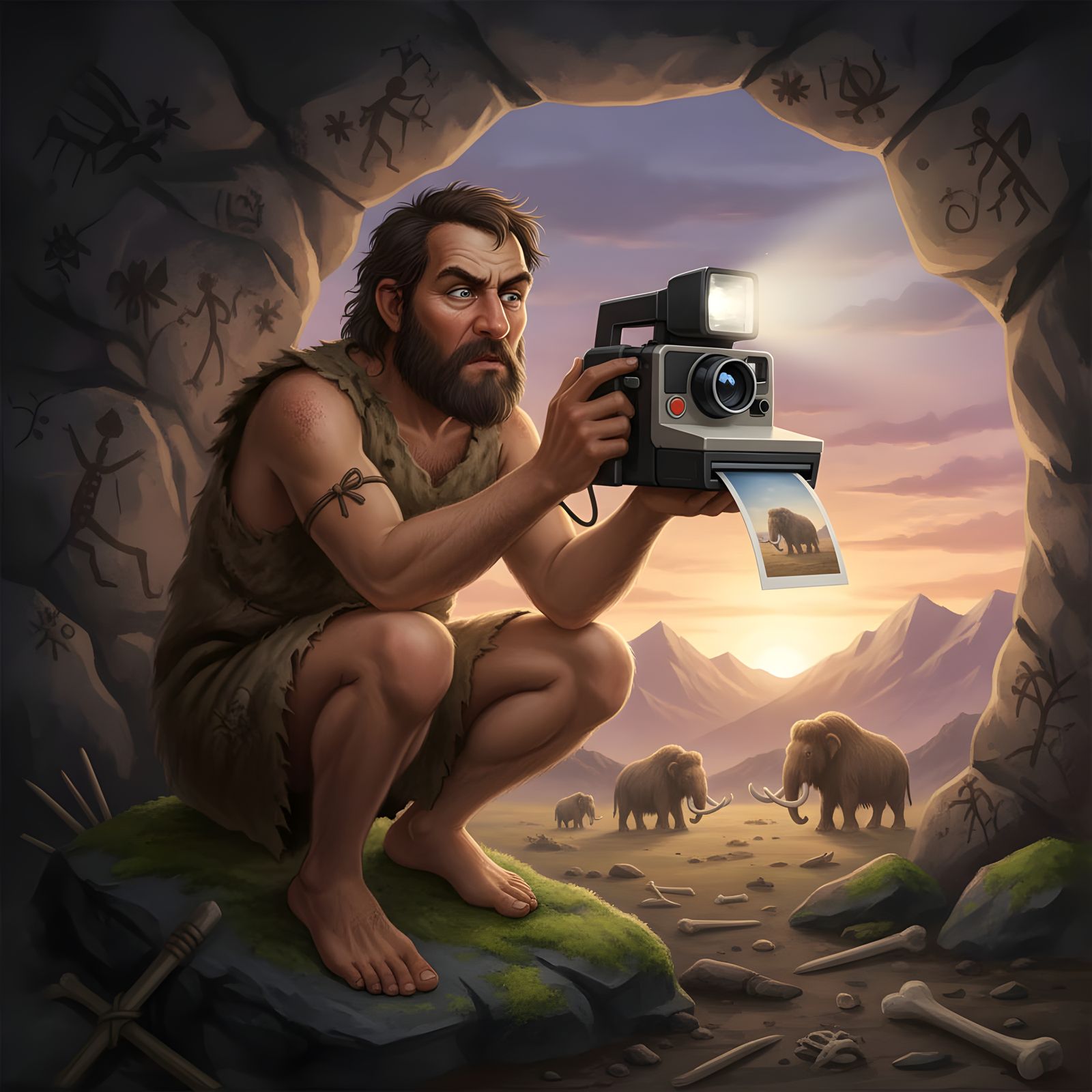 Caveman Captures Moment with Polaroid Camera