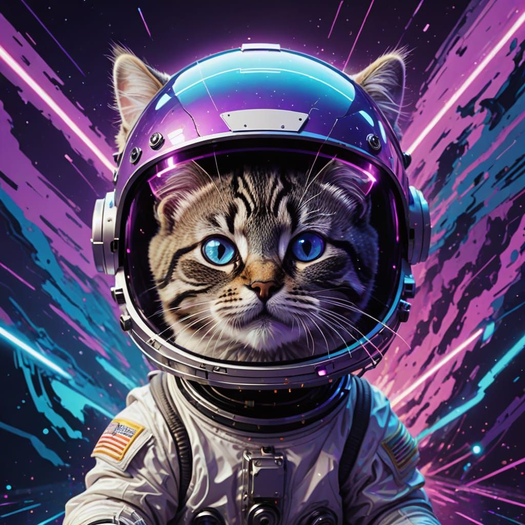 Astronaut Helmet Reflects Glitching Kitten in Retro Sci-Fi