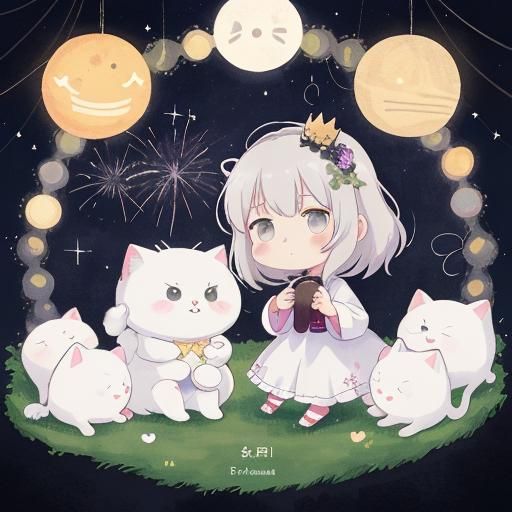 Anime Goddess in Fireworks Festival with Kawaii Elements