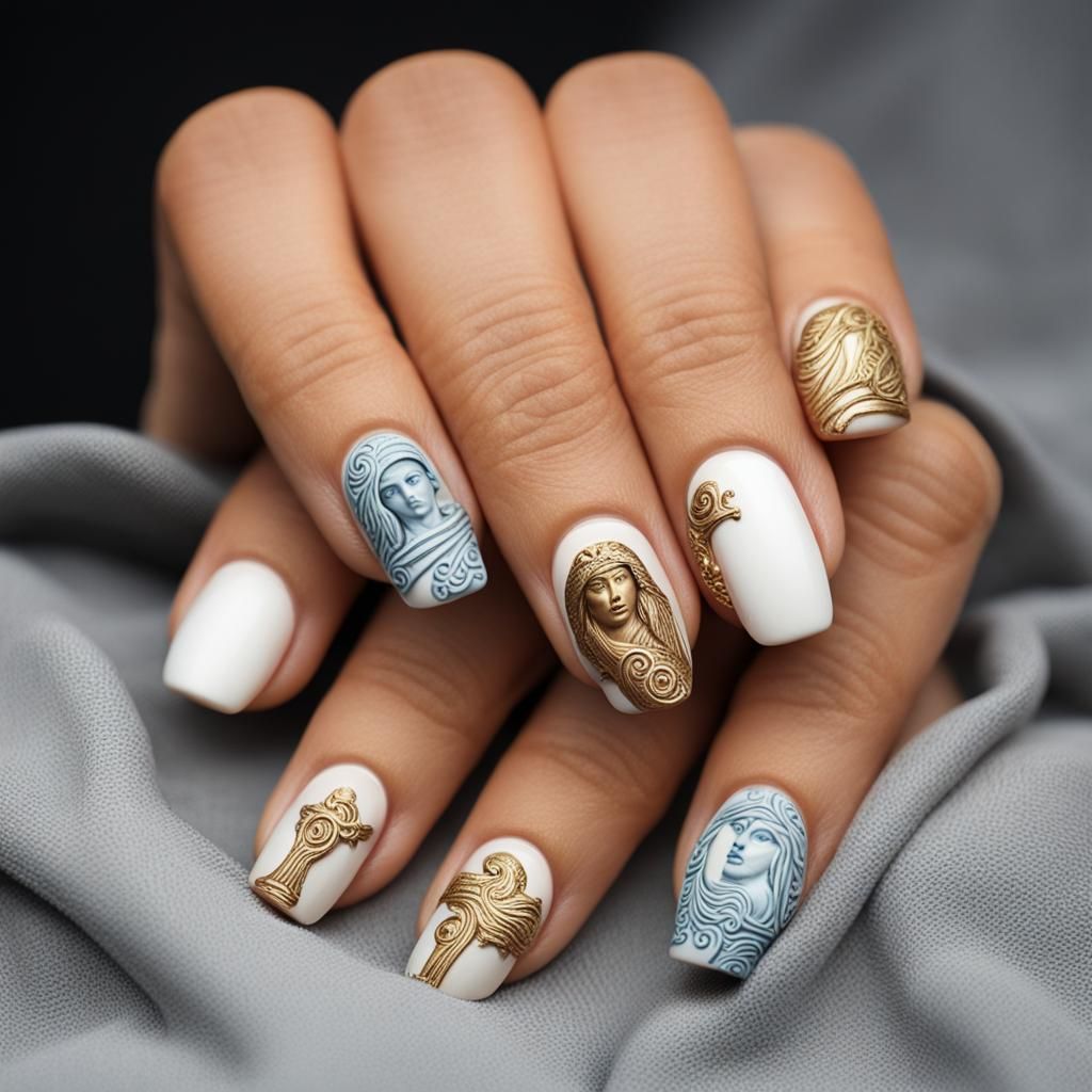 Greek Mythology Nail Art in Romanesque Style