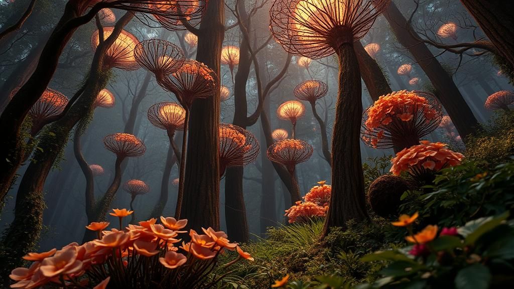 Woman Stargazing on Mycelium Platform in Digital Art