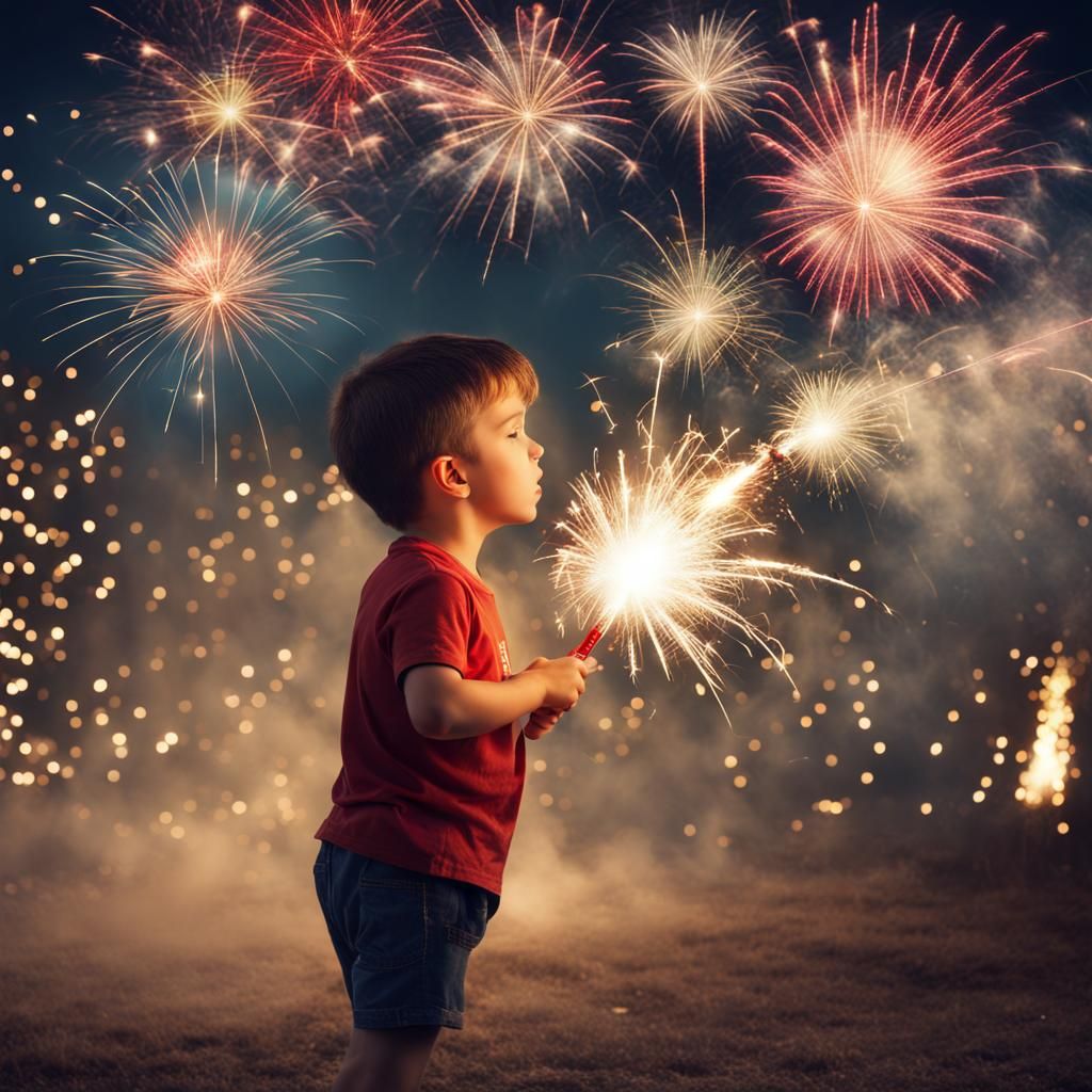 Boy Celebrates New Year with Fireworks