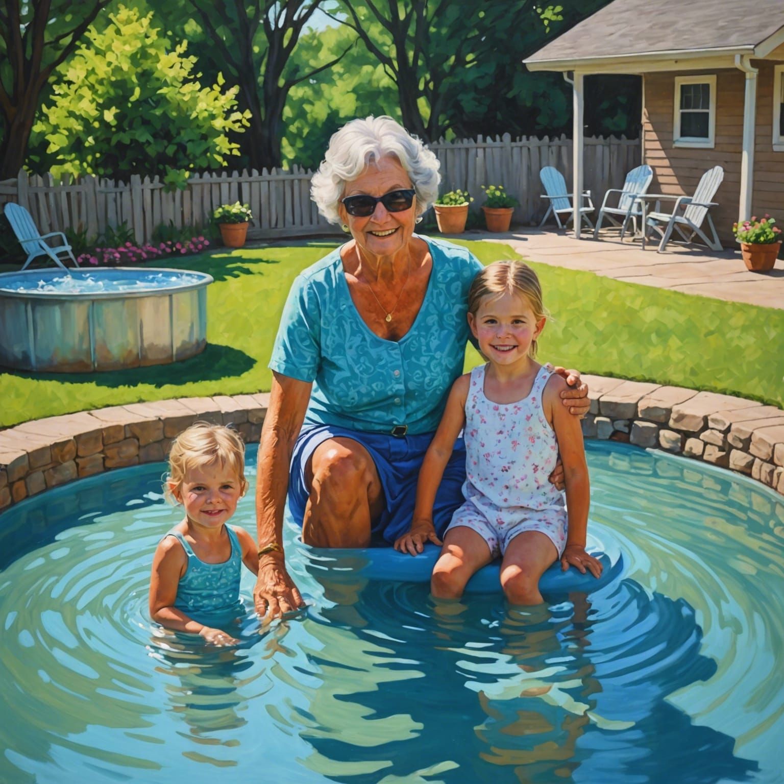 Grannie and Granddaughter: Oil Painting in Wading Pool