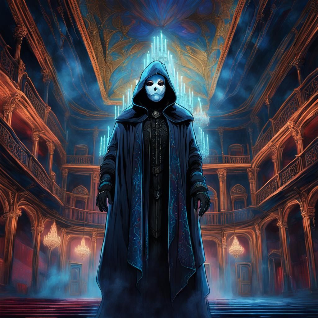 Cyberpunk Phantom in Dimly Lit Opera House