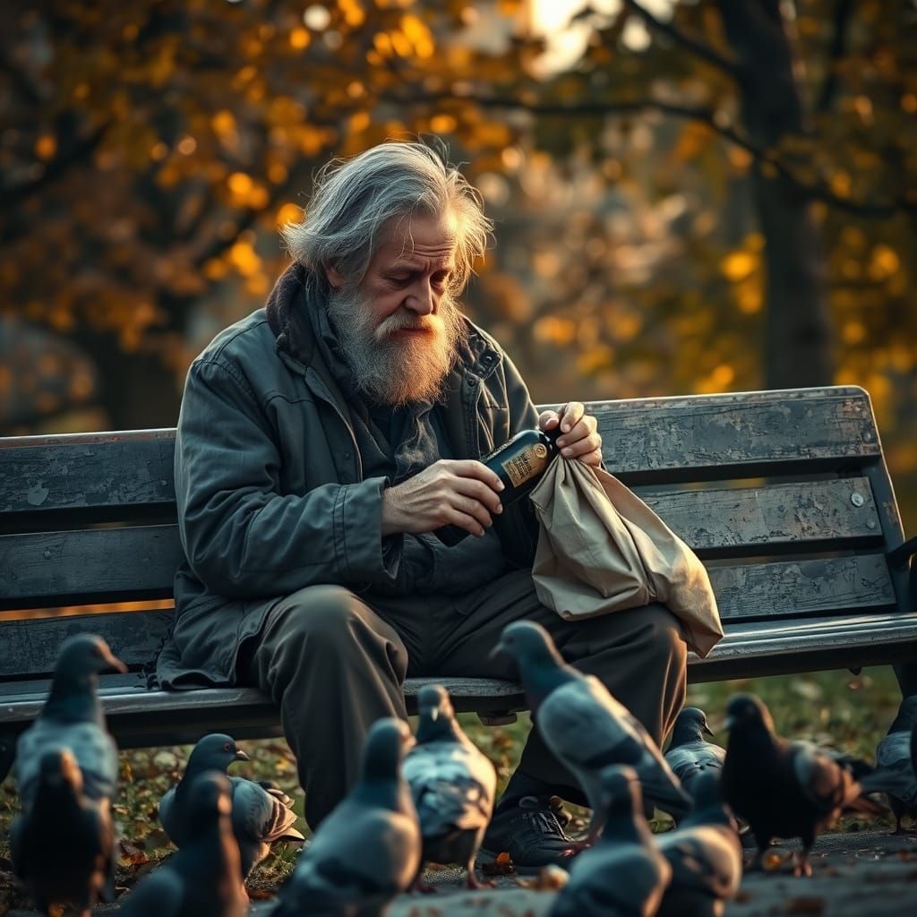 Weary Homeless Man Contemplates Life in Autumnal Shadows