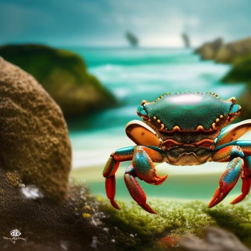 Green Crabs on Fantasy Beach Shore in Digital Art