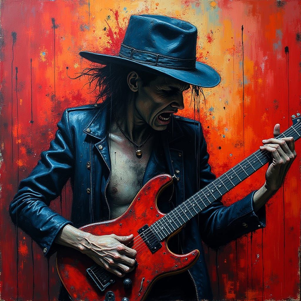 Expressive Oil Painting of a Rock Musician in Despair