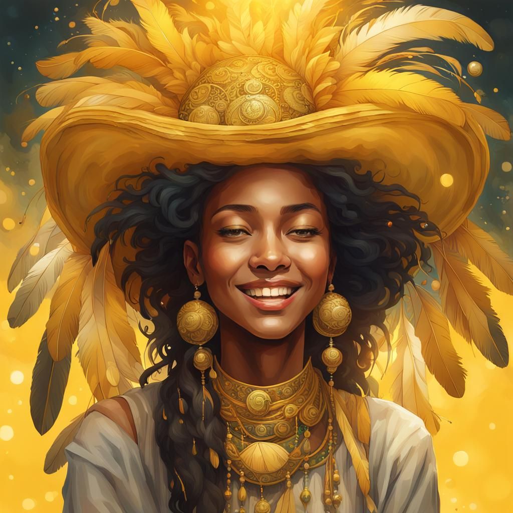 Joyful Woman in Extravagant Yellow Hat Portrait