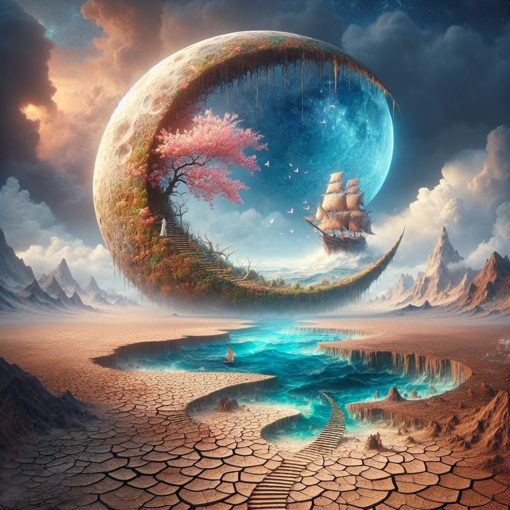 The image is of a broken Crescent Moon sitting on drought dry cracked earth.  Stairs lead from the dry earth to the brok...