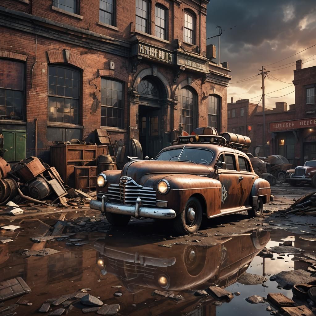 Dieselpunk Police Station in a Wasteland Sunset