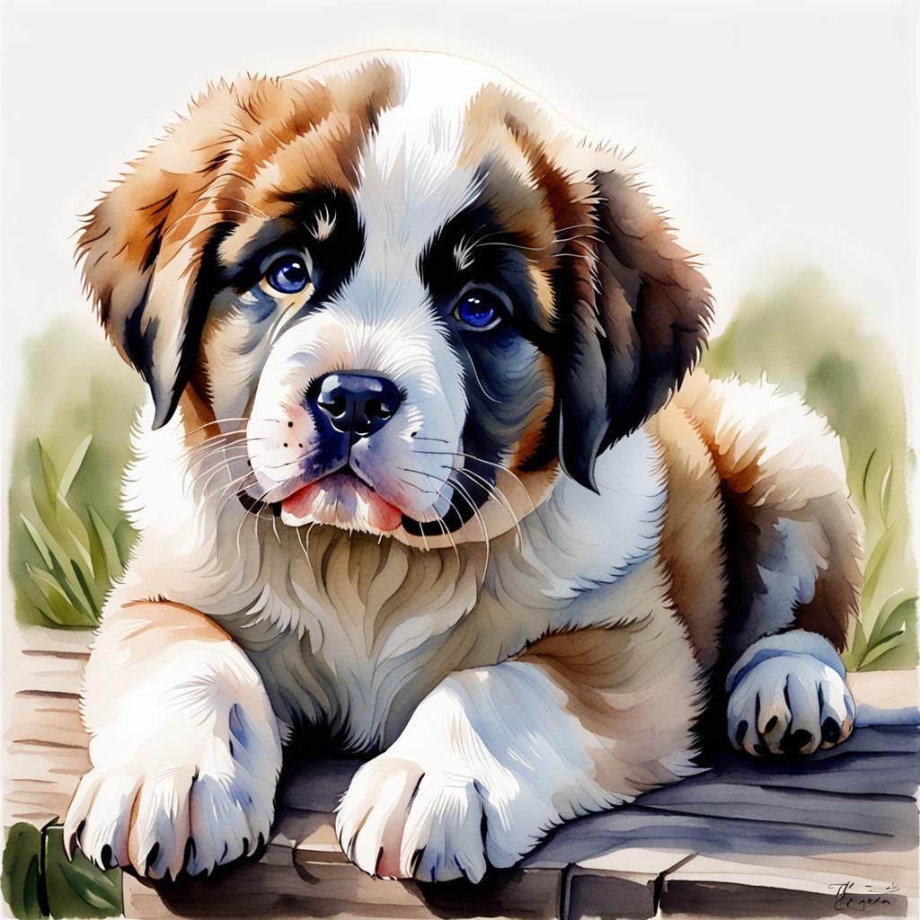 Watercolour portrait, St Bernard puppy very cute short haired