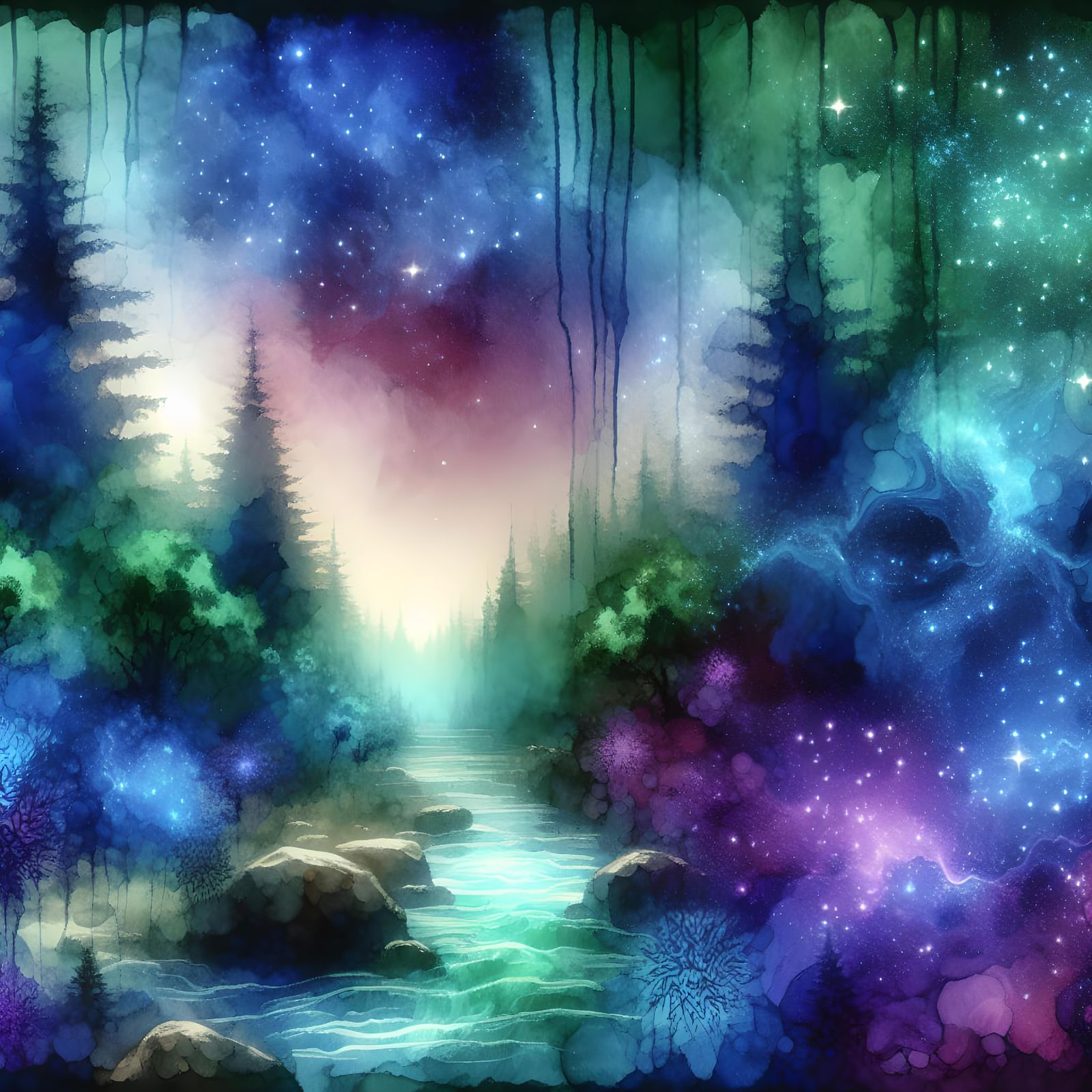 Mystic Forest in Surreal Watercolor Painting