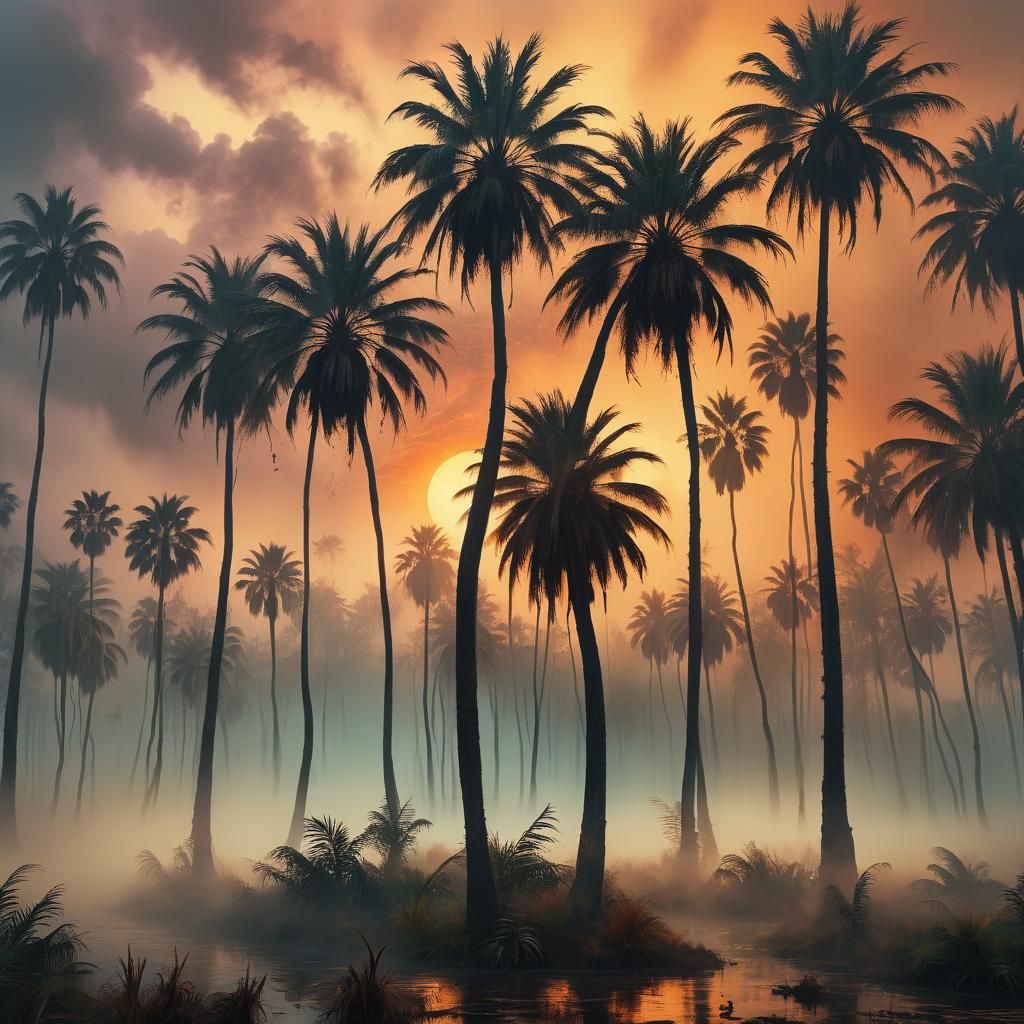 Haunted Sunset: Palm Trees in Moody Oil Painting