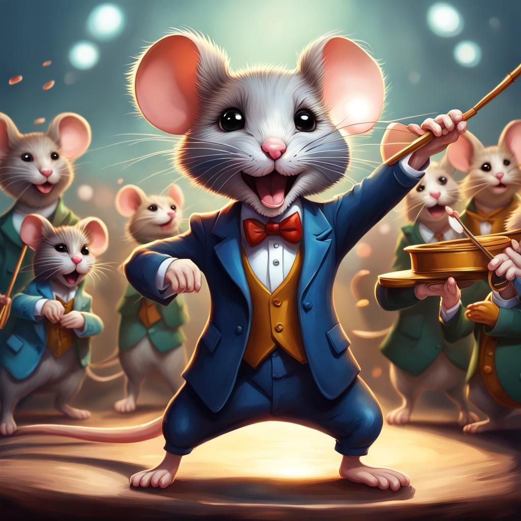 Mouse Conductor Directing Cat Choir in Concert