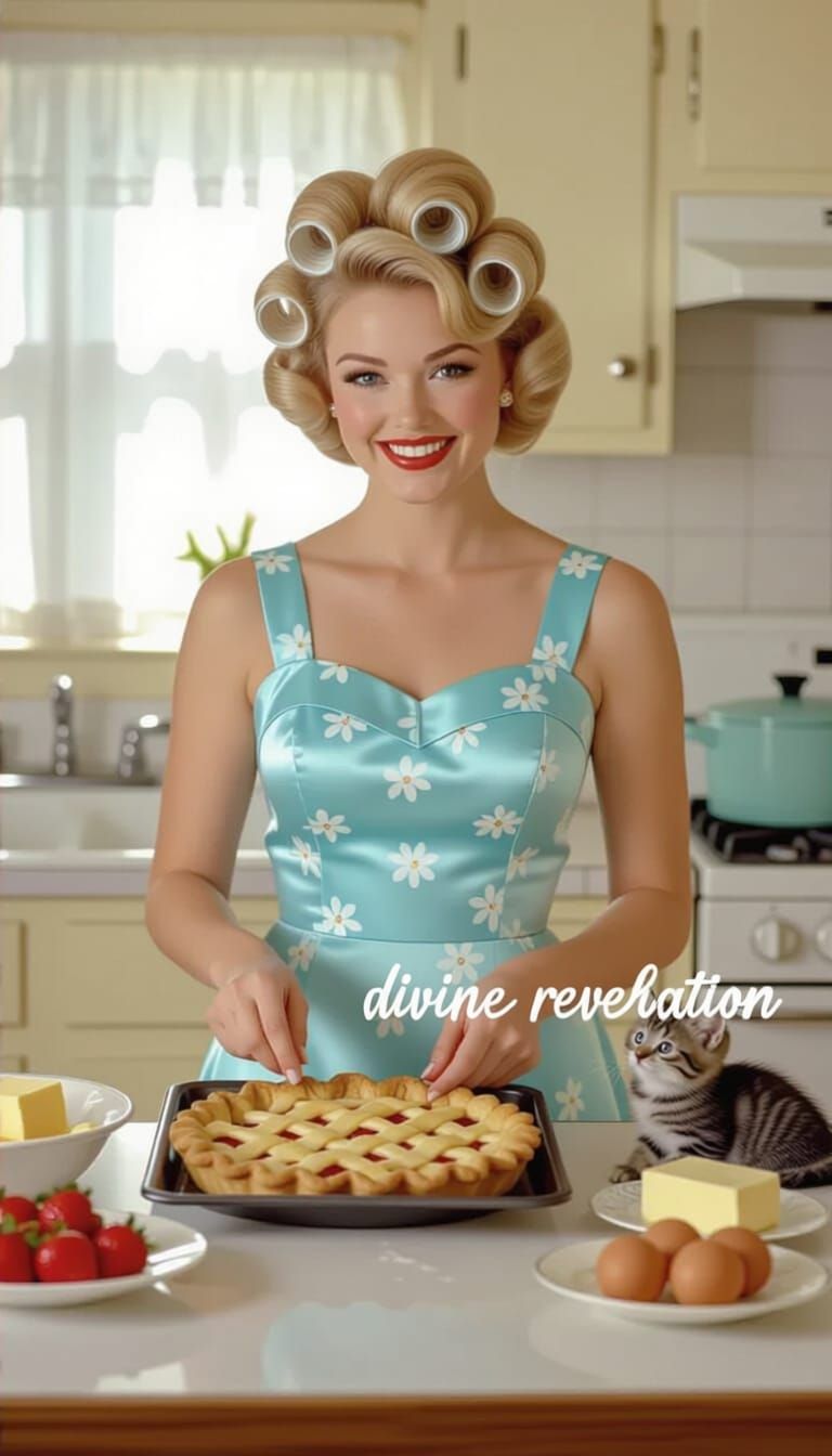 1960s Woman Baking Strawberry Pie with Kitten
