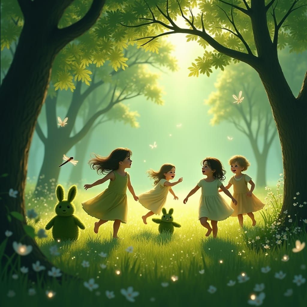 Enchanted Green Meadow with Laughing Children