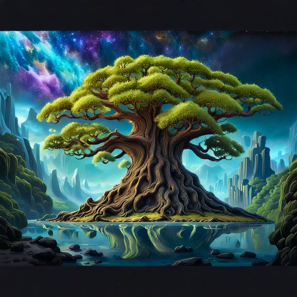 Fantasy Tree in Utopian Landscape, Digital Art