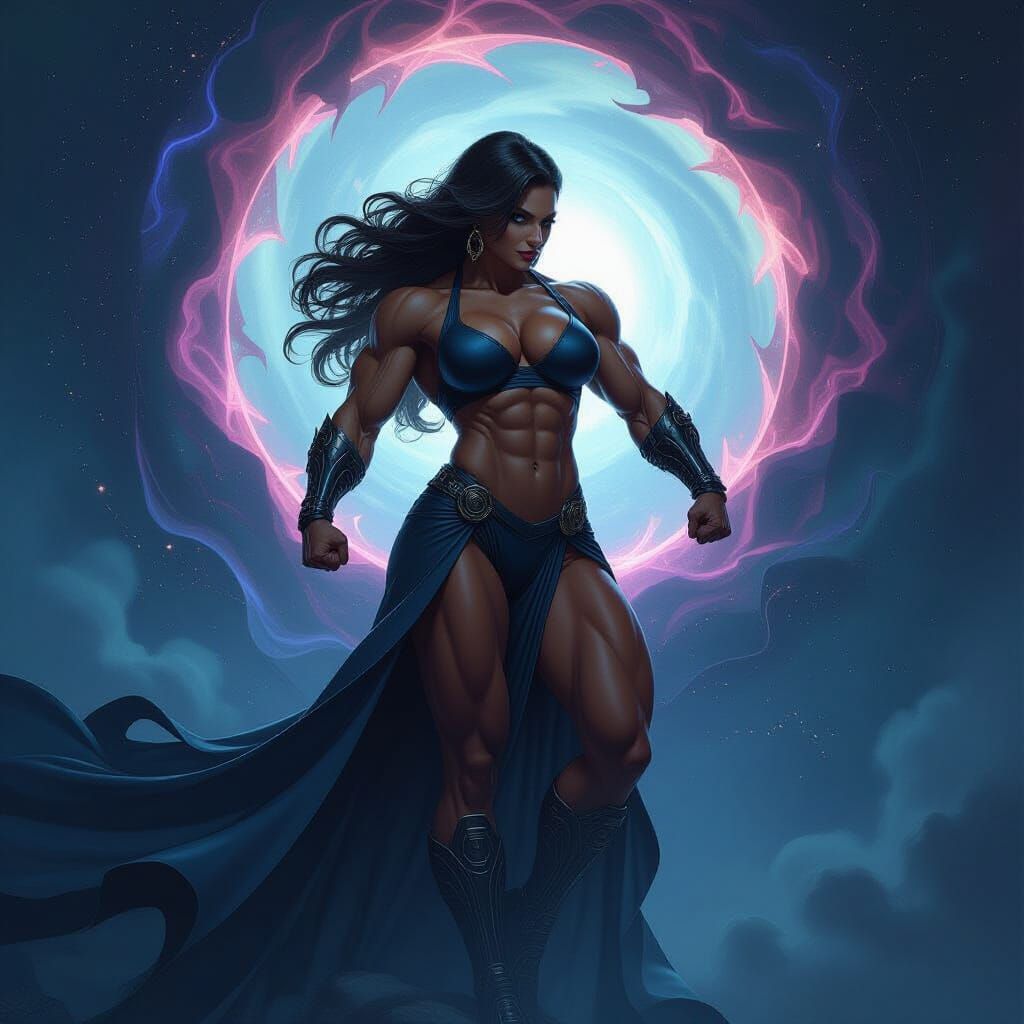Ethereal Female Bodybuilder on Cosmic Stage