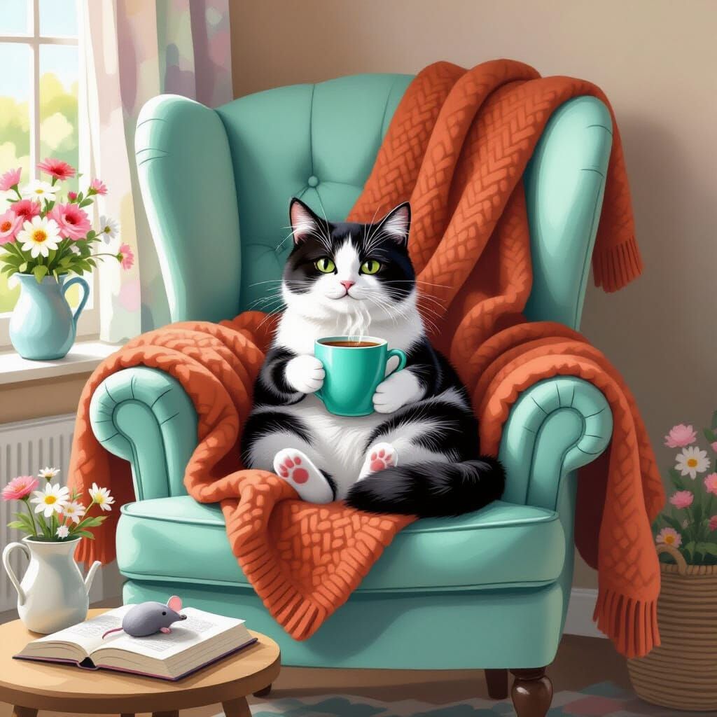 Contented Cat in Turquoise Armchair with Steaming Mug