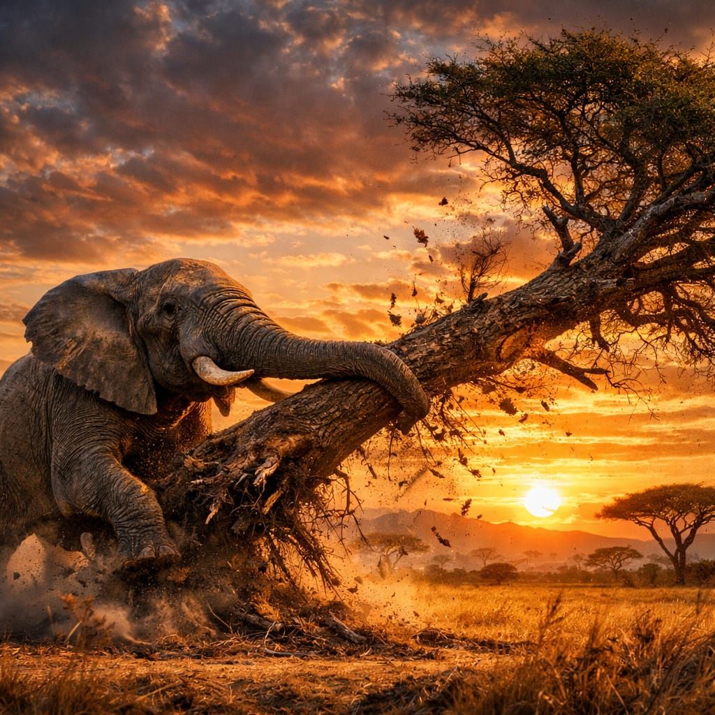 Elephant Felling Tree at Sunset in Savanna Painting