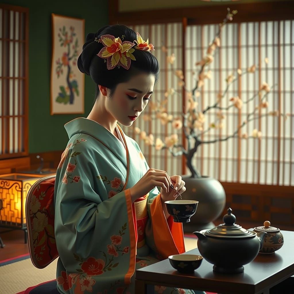 Elegant Geisha Prepares Tea in Traditional Japanese Setting
