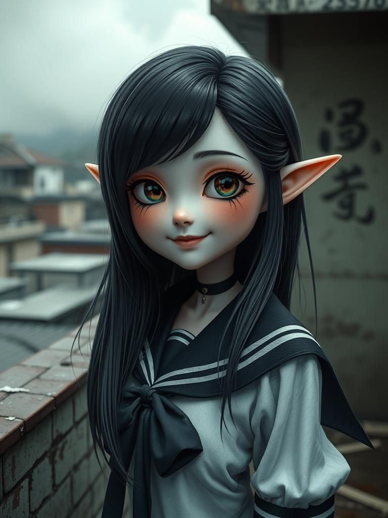 Photorealistic Yandere Elf Hybrid on Rooftop