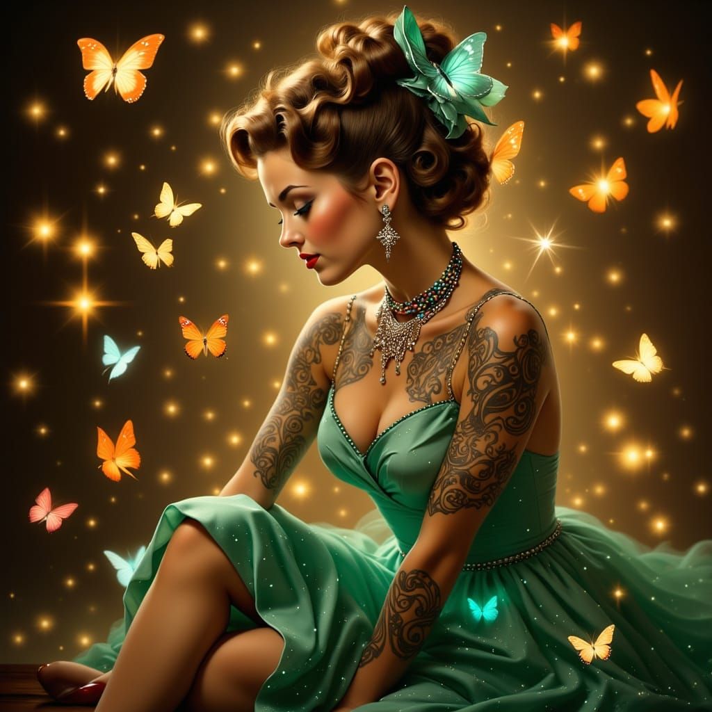 Serene Woman with Glowing Tattoos and Butterflies