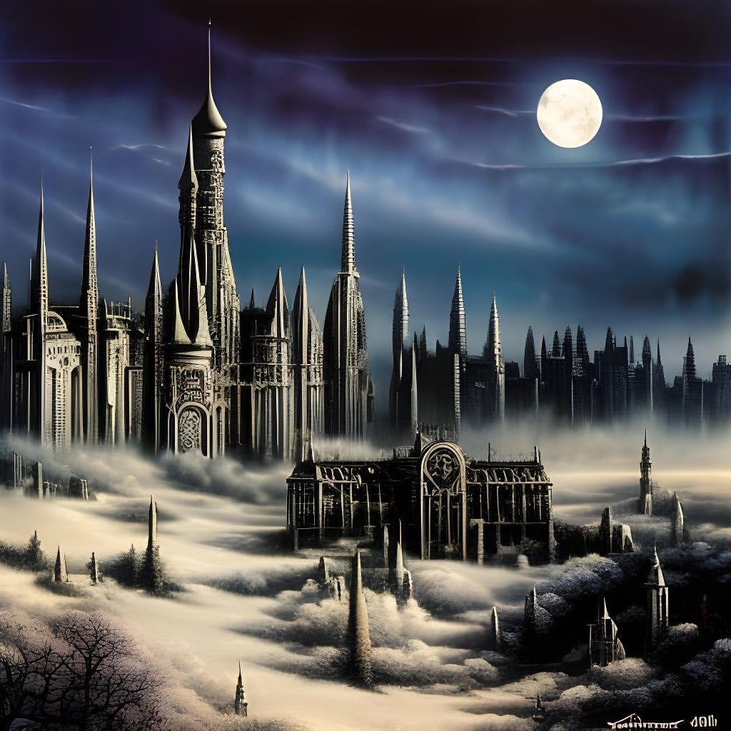 Gothic Cityscape at Sunset in Art Nouveau Style