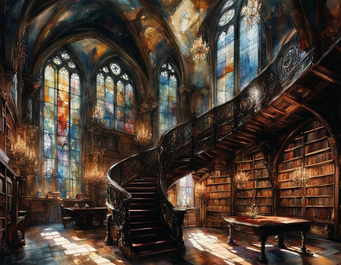Dark Medieval Library with Stained Glass