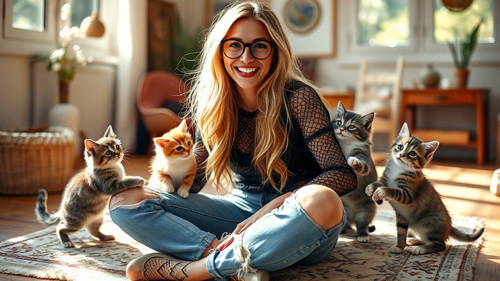 Joyful Woman with Kittens in Bohemian Room