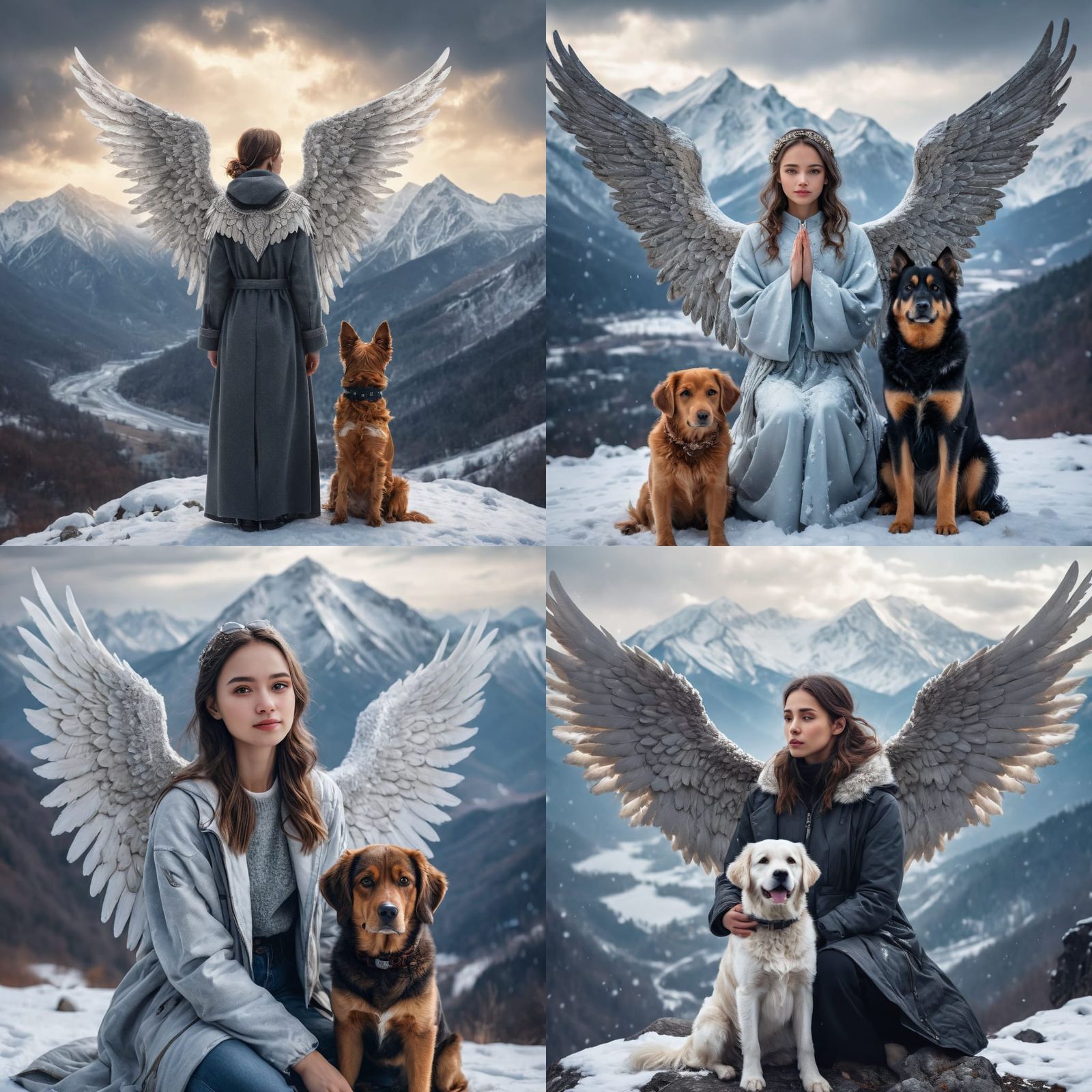 Winged Angel and Dog Overlook Snowy Mountain