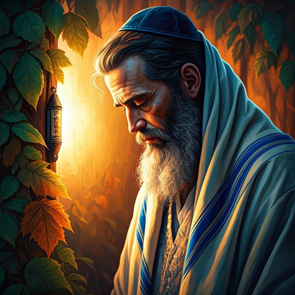 Jewish Man in Autumnal Sukkah, Folk Art Style