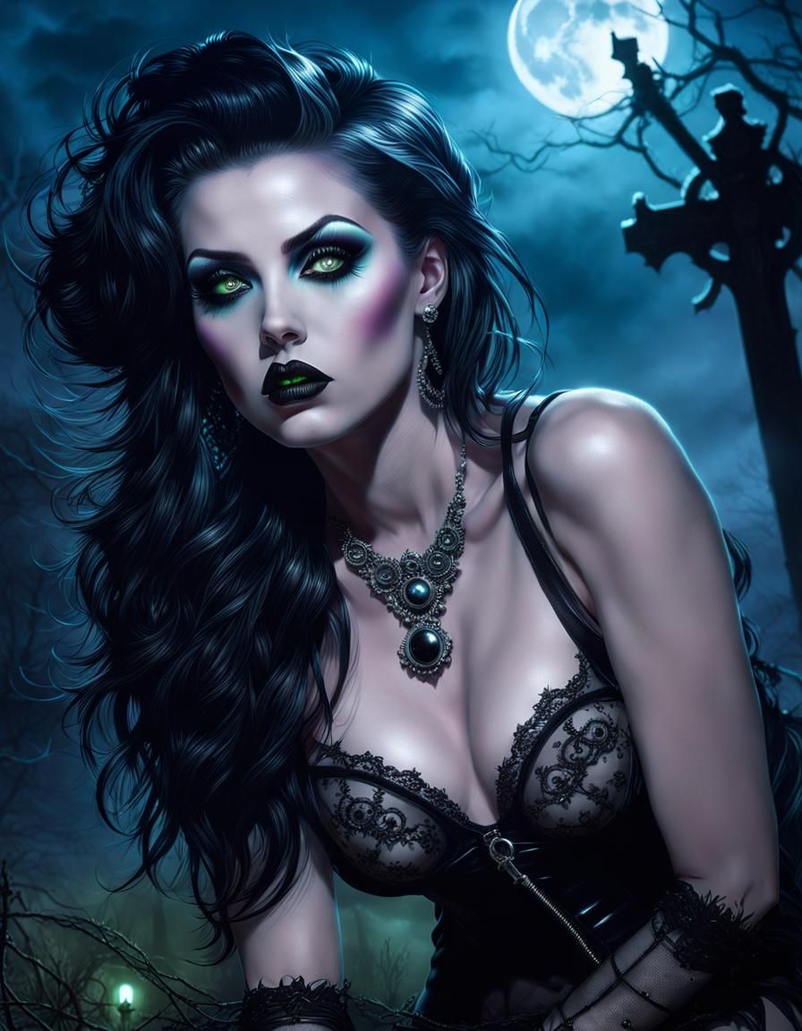 Gothic Pin-Up in Bioluminescent Graveyard