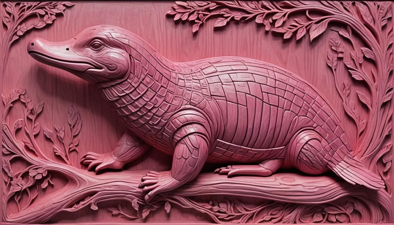 Monochromatic Pink Wood Carving of a Platypus