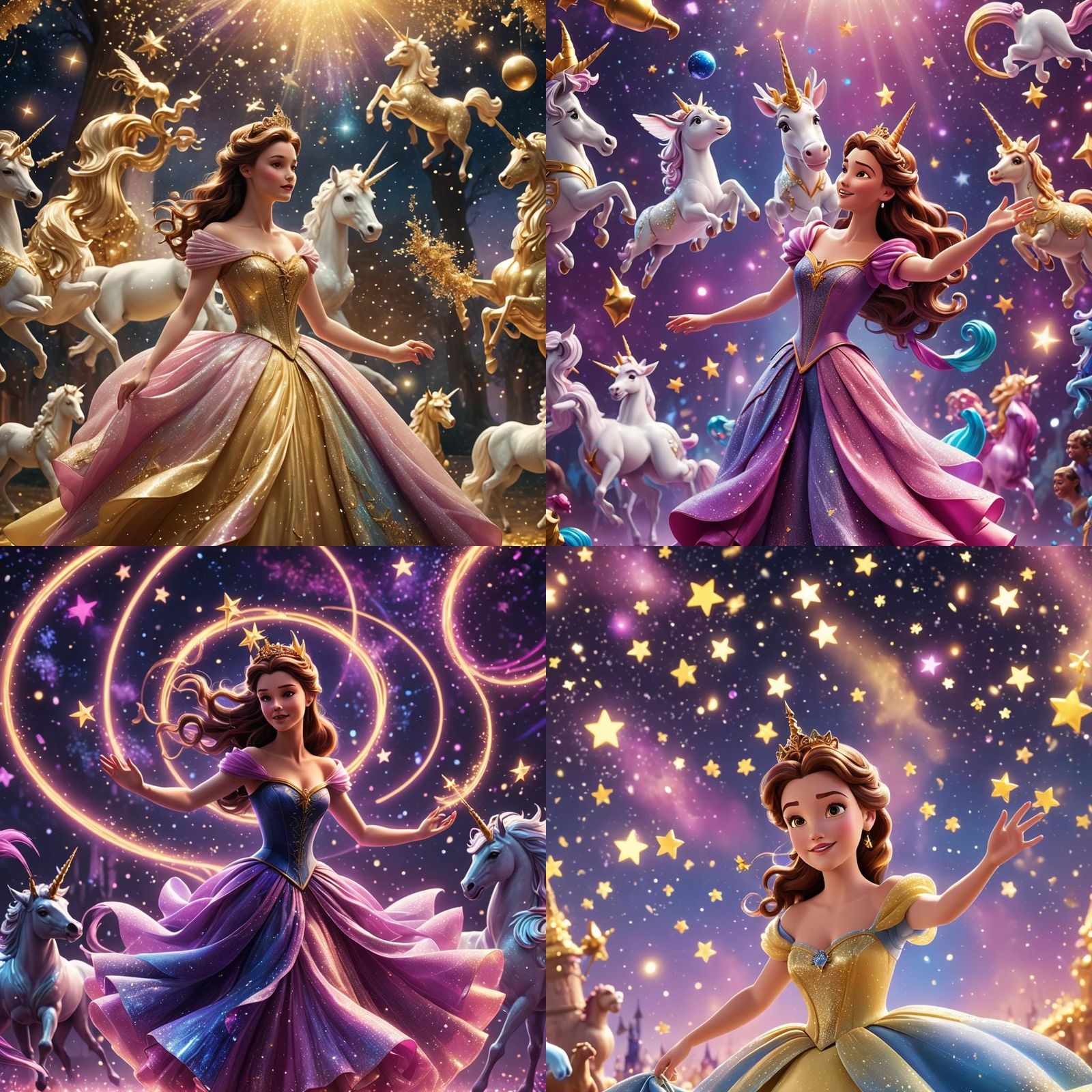 Princess Belle Dancing with Unicorns: 3D Digital Art