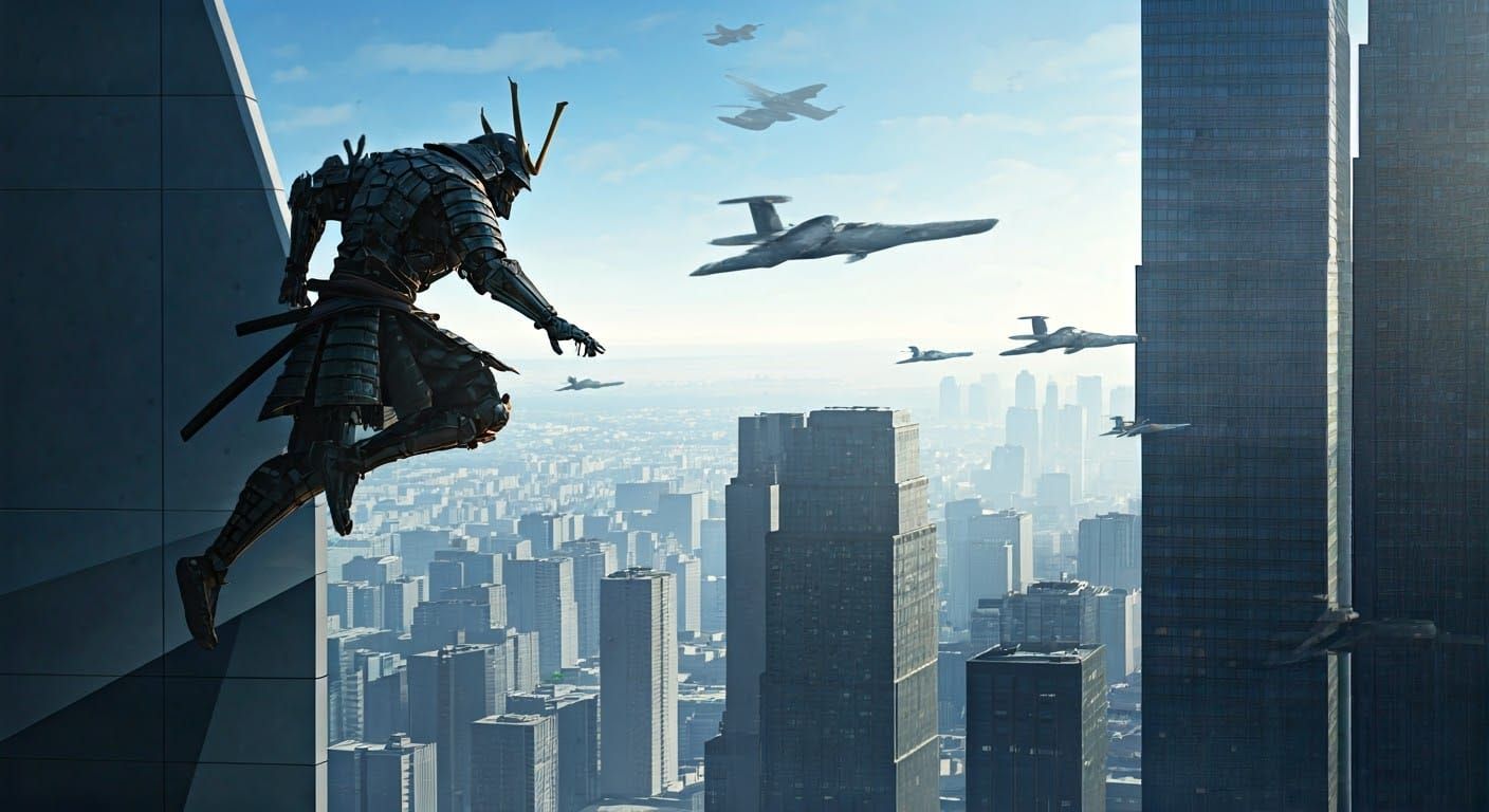 Samurai Robot Leaps Between Skyscrapers in Pursuit