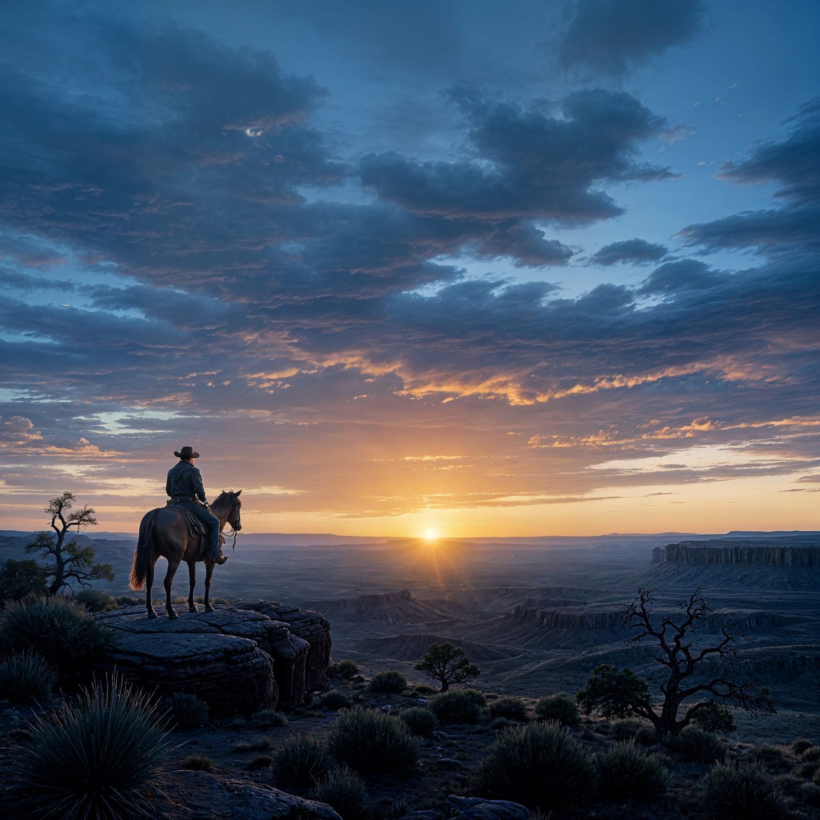 Lone Cowboy on Mesa at Twilight