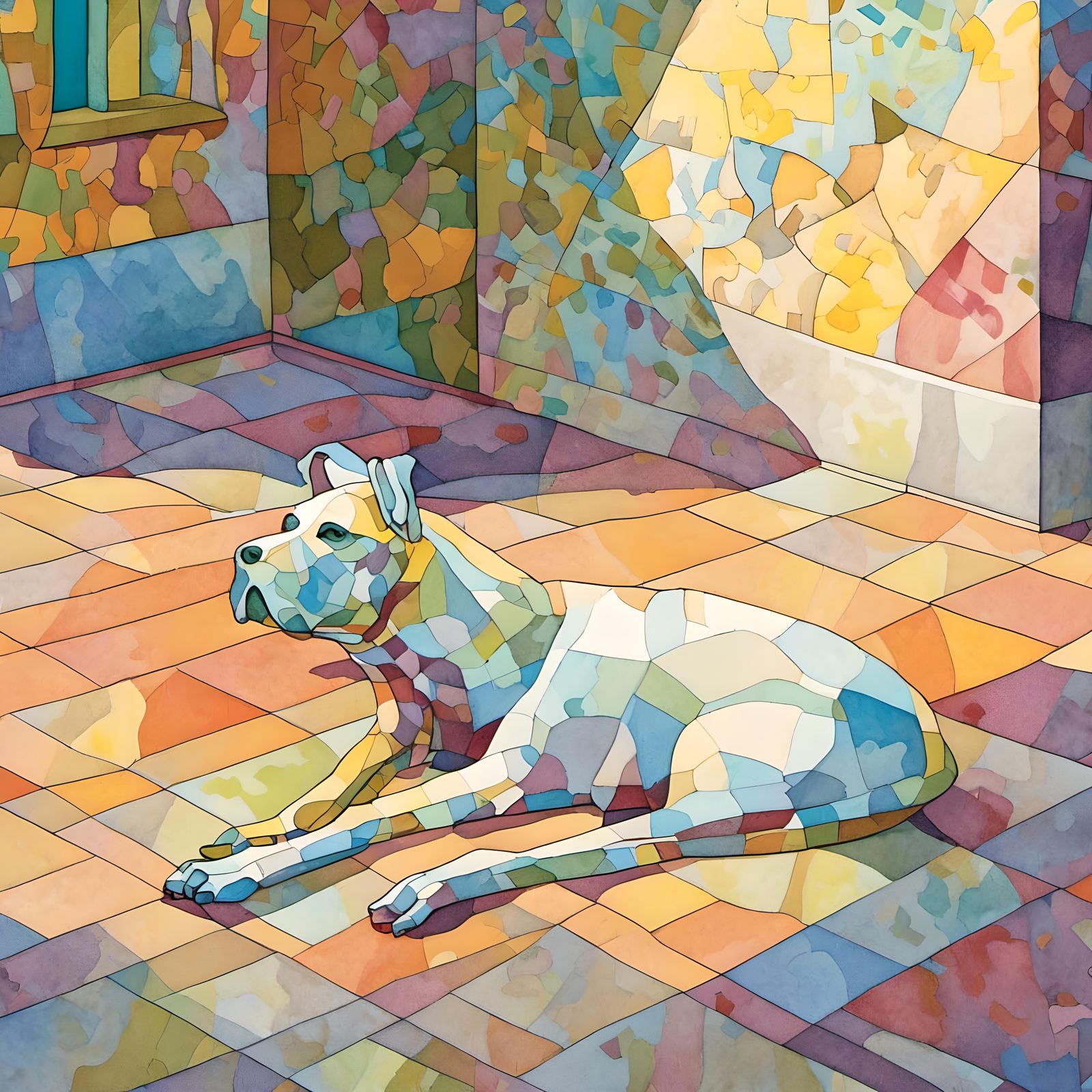 Whimsical Dog Pondering on Driveway: Hairy Who Style