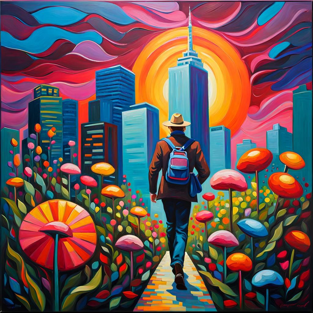 Neon Rooftop Garden in Expressionist Style