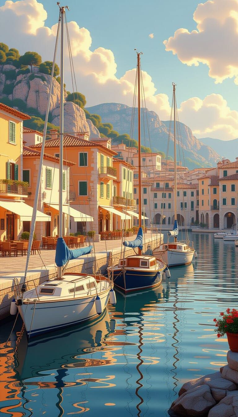 Sailboats in Italian Harbor with Golden Light