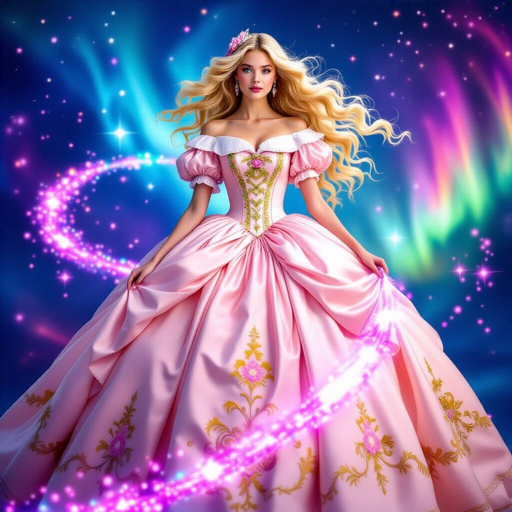 Victorian Woman in Gold Embroidered Ballgown