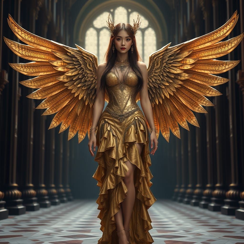 Ethereal Asian Woman with Golden Wings in Gothic Cathedral