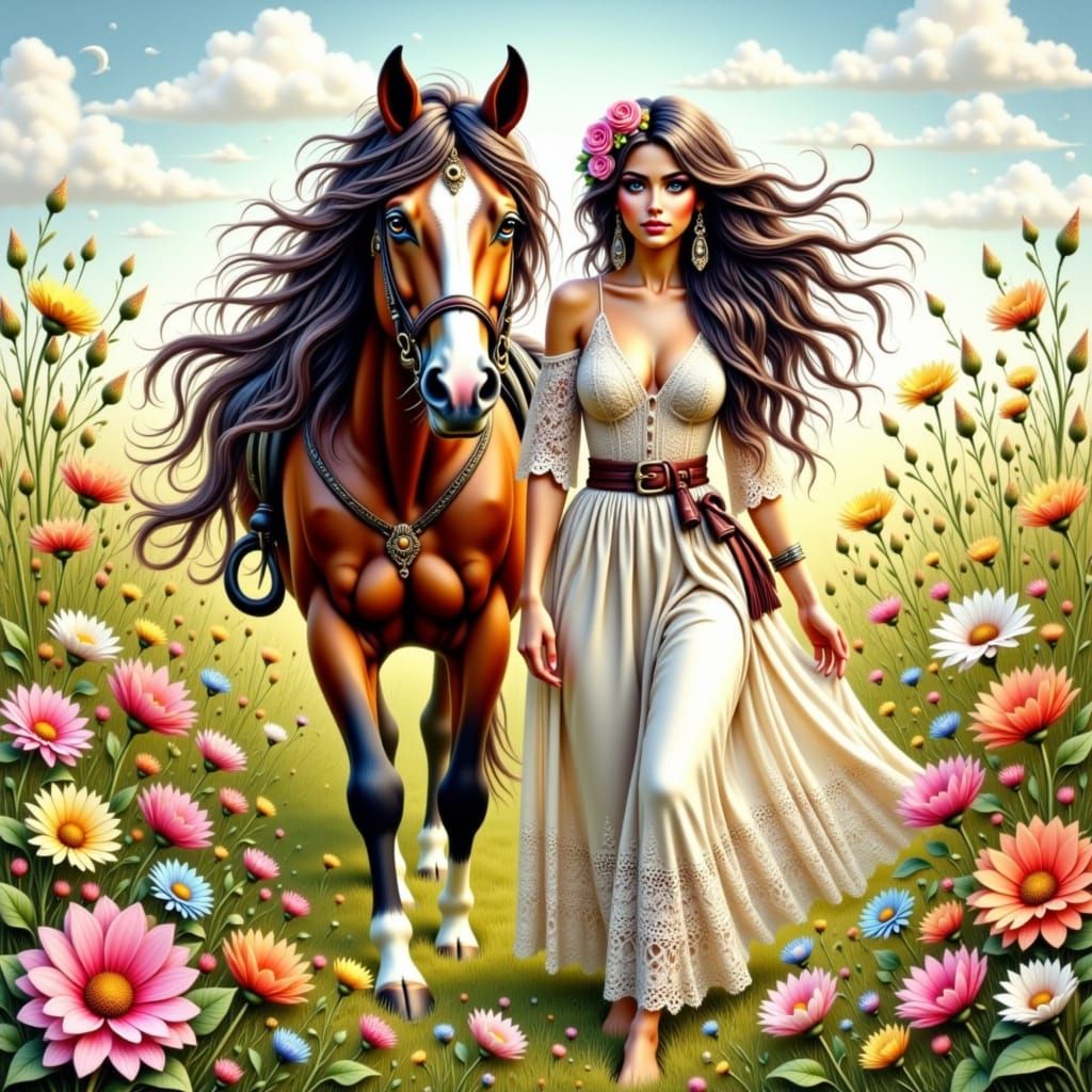 Ethereal Bohemian Goddess in Vibrant Spring Meadow