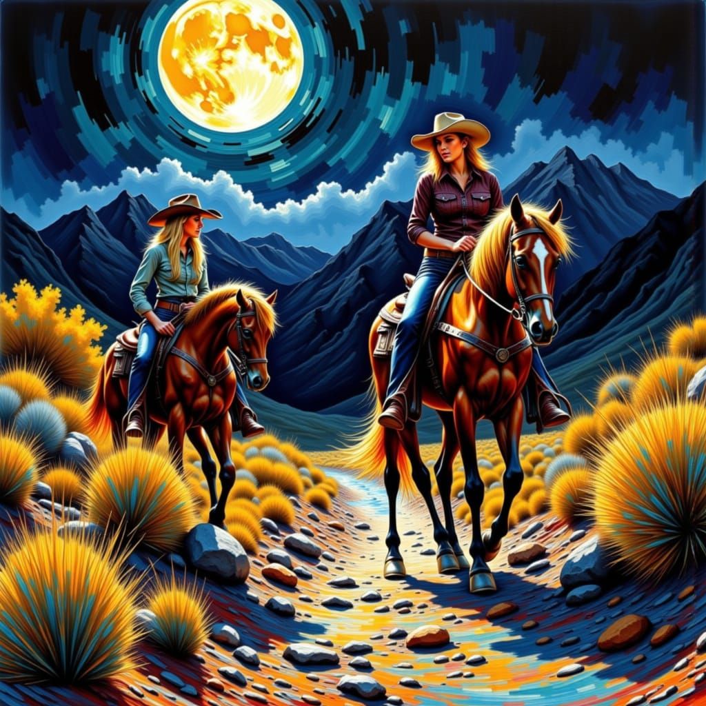 Cowgirl Moonlight Pursuit in Wild West Sketch Style